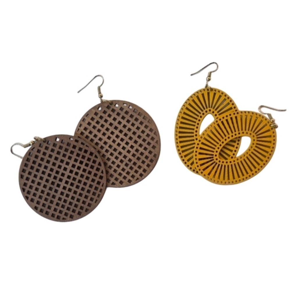 Plunder Design Wooden Drop Earrings Womens OS Brown Yellow Geometric Laser Cut